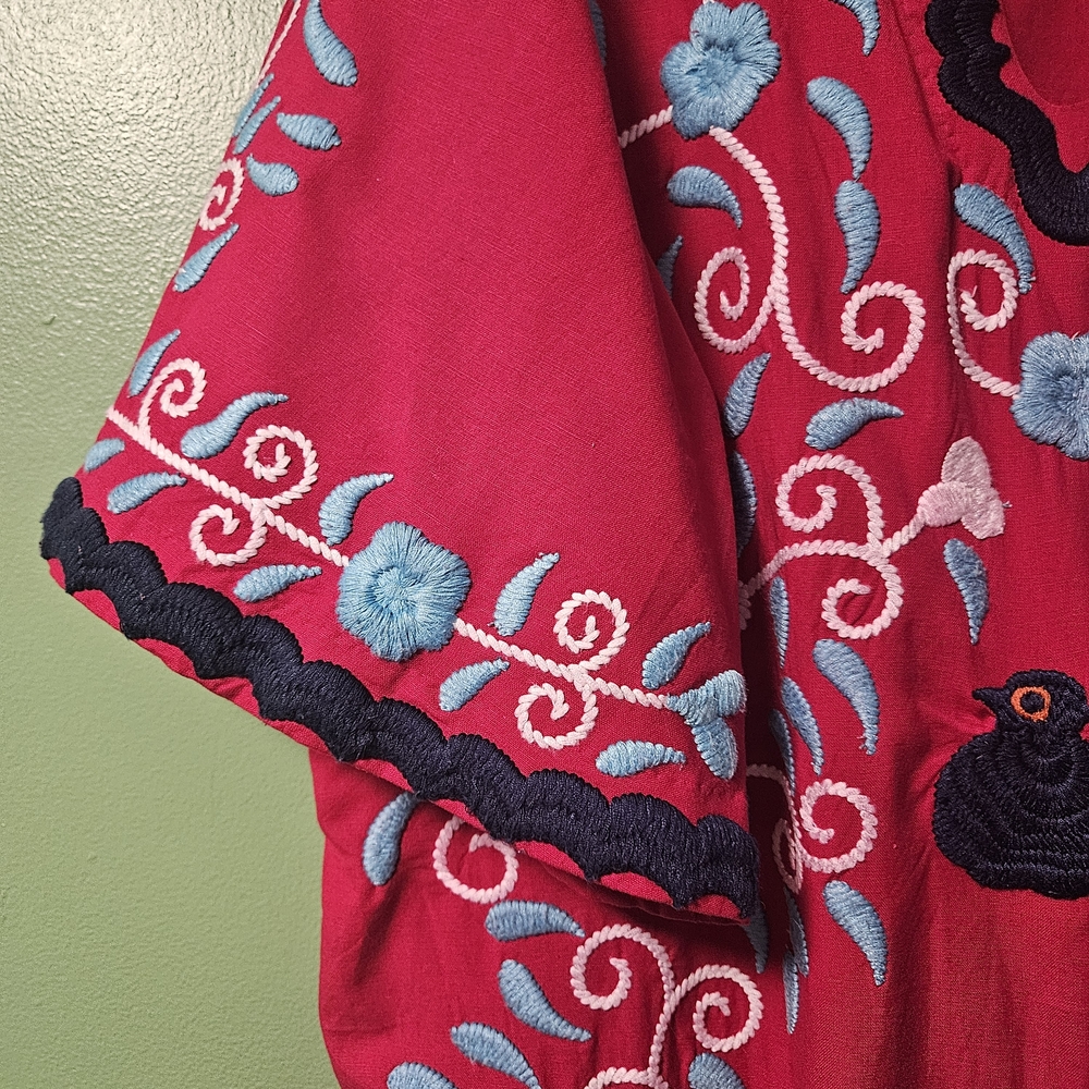 Frances Valentine Embroidered Peacock Caftan Red & Blues Maxi Dress - Picture 8 of 16